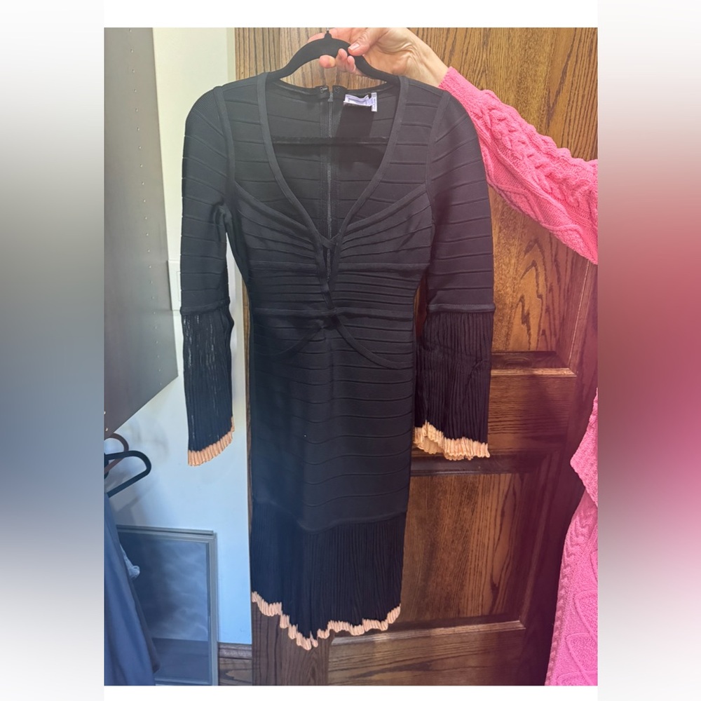 Herve Leger Black and Tan Long Sleeve Dress